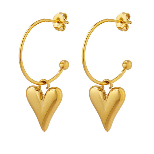 Peach Heart Pendant Earrings - Elegant Gold-Plated Titanium Ear Jewelry