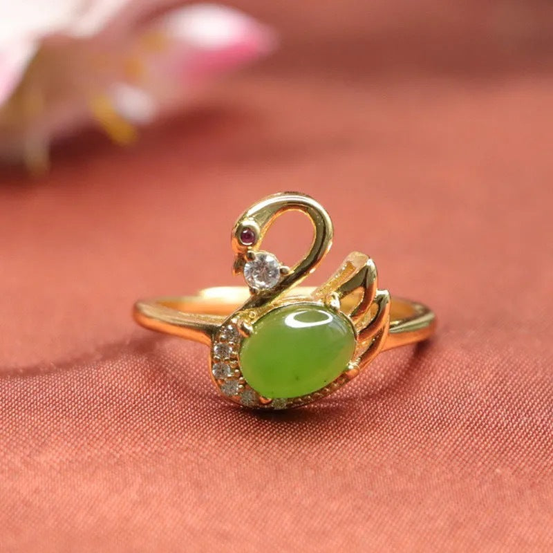 Fortune's Favor Adjustable Hetian Jade and Green Jasper Swan Zircon Ring