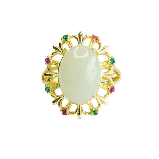 Pigeon Eggs Hetian Jade Zircon Ring - Vintage Hollow Design