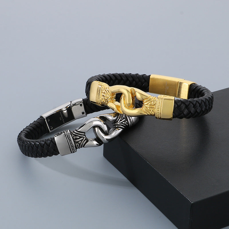 Retro Punk Woven Leather Bracelet with Stainless Steel Accents for Men