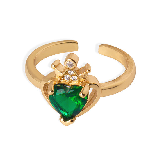 Heart-Shaped Green Zircon Crown Open Ring - Luxury Copper Jewelry