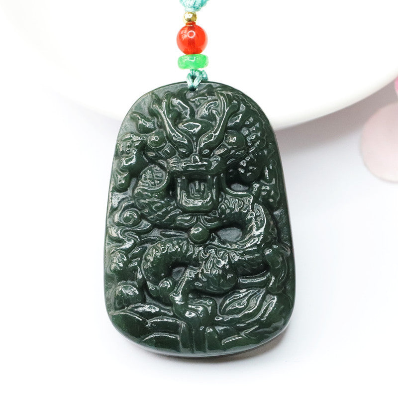 Dragon Rider Natural Black Green Hotan Jade Sterling Silver Necklace