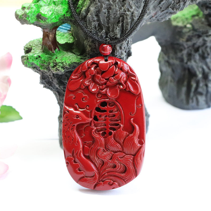 Nine Tailed Fox and Peony Flower Sterling Silver Pendant with Cinnabar Stone