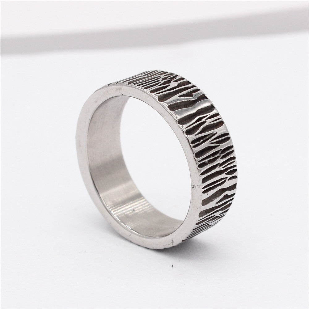 European and American Retro Cold Wind Titanium Steel Ring - Tree Bark Pattern Men's Ring