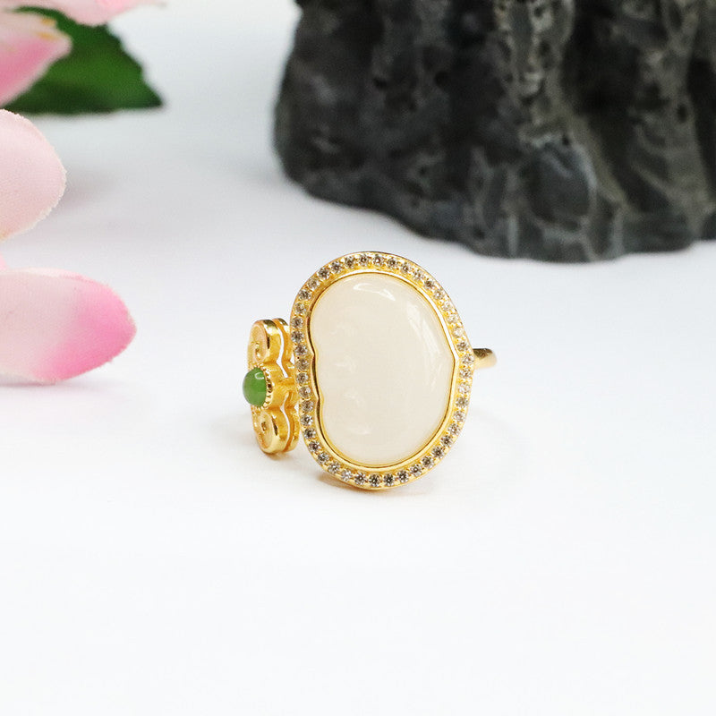 White and Green Jade Ruyi Symbol Sterling Silver Ring - Fortune's Favor