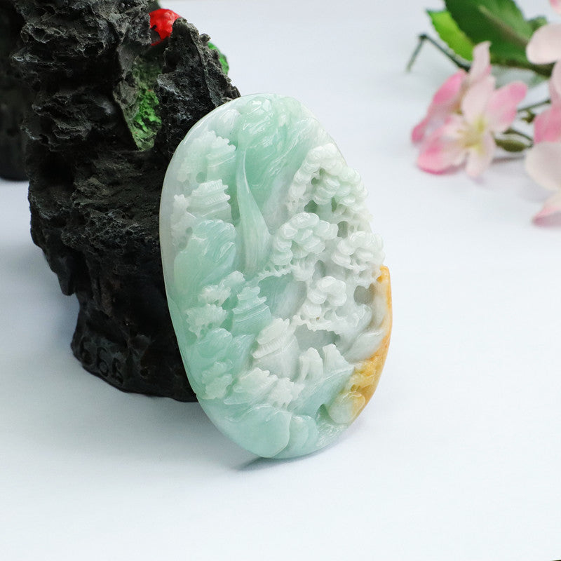 Green and Yellow Jade Pendant with Exquisite Craftsmanship, Beautiful Color, High-Quality Landscape Brand Jewelry