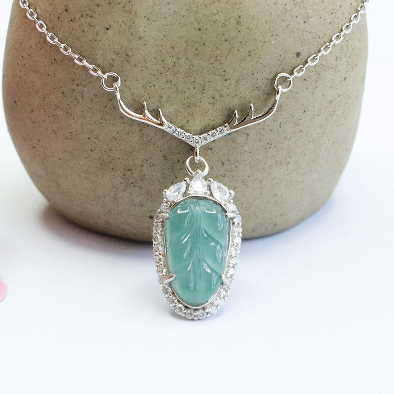 Sterling Silver Natural Jade Pendant Blue Green Leaf Zircon Antler Necklace