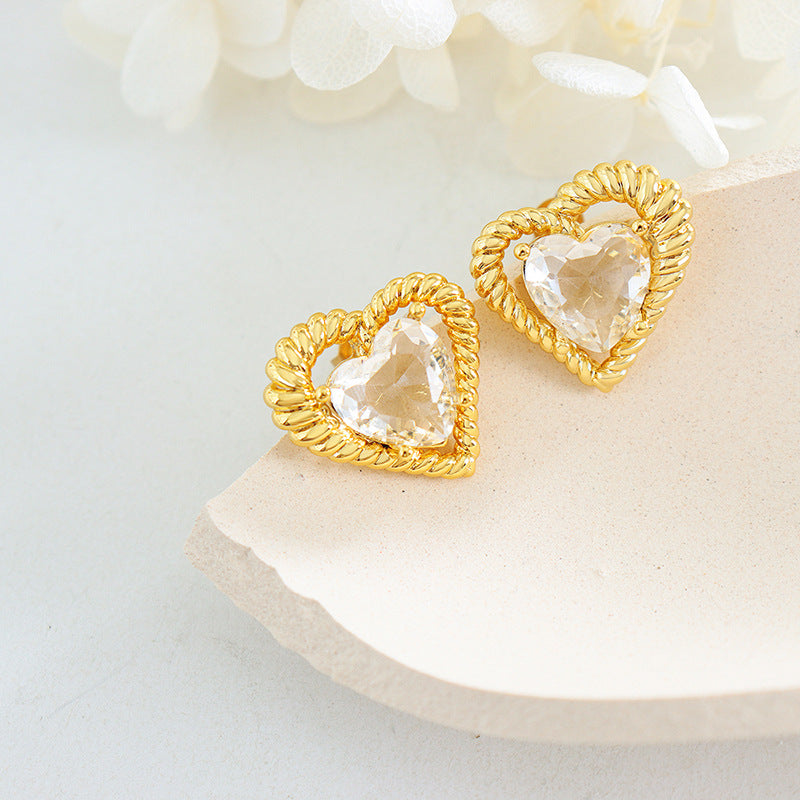 Peach Heart Love Earrings Set: Elegant French Style Zircon Brass Earrings