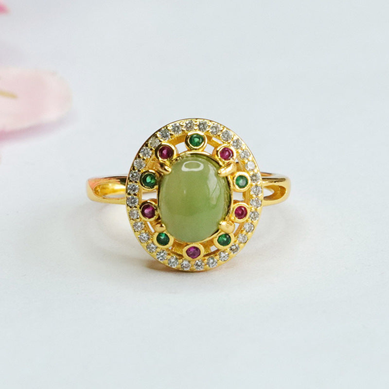 Vintage Hotan Jade Jasper Sterling Silver Ring with Colorful Zircon Accents