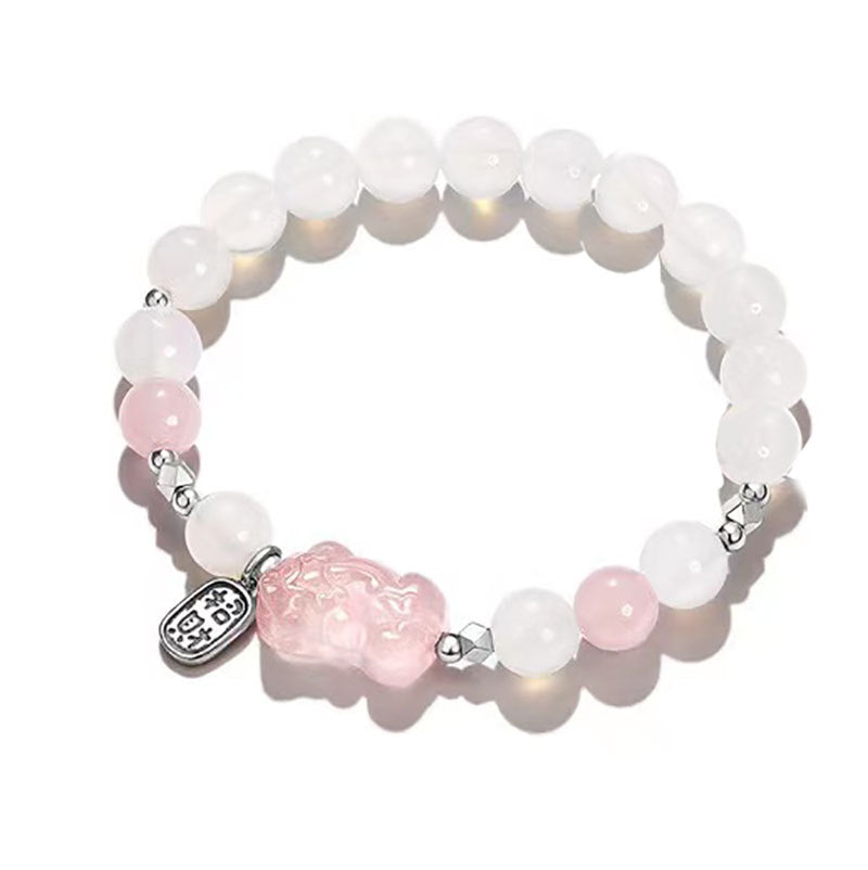 Luxurious Sterling Silver Pink Crystal Pixiu Bracelet with White Agate for Wealth and Fortune