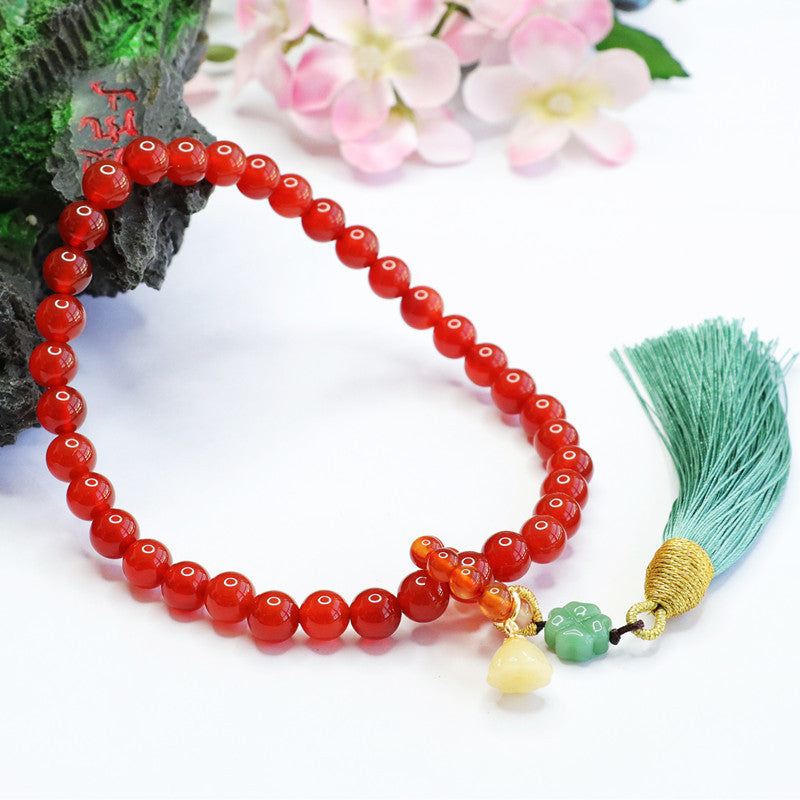 Red Agate Chalcedony Bracelet with Clover Lotus Seedpod Tassel