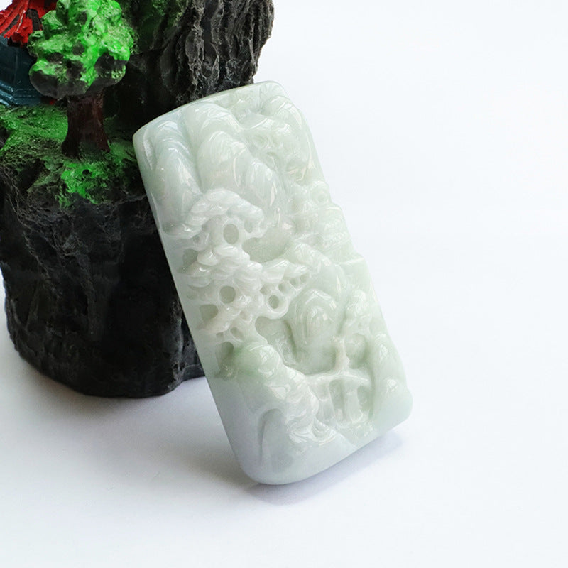 A-grade Jade Pendant with Thick Landscape Carving and Sterling Silver Needle