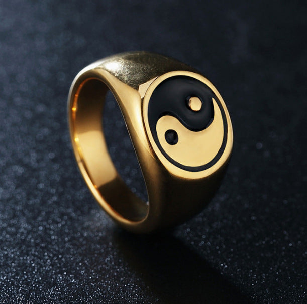 Titanium Steel Bagua Ring for Men - Black and White Design, Spot Wholesale Availability