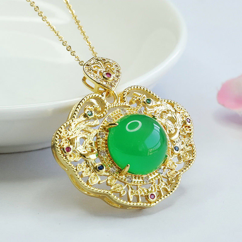 Natural Round Green Chalcedony Hollow Zircon Ruyi Pendant