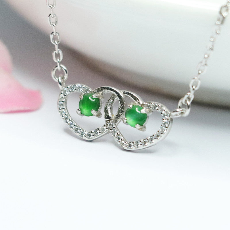 Sterling Silver Double Hollow Love Zircon Necklace with Natural Ice Emperor Green Jade