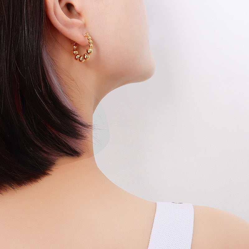 Elegant French-inspired Hong Kong Style Round Bead Earrings - 18K Gold Plated Titanium Steel Jewelry