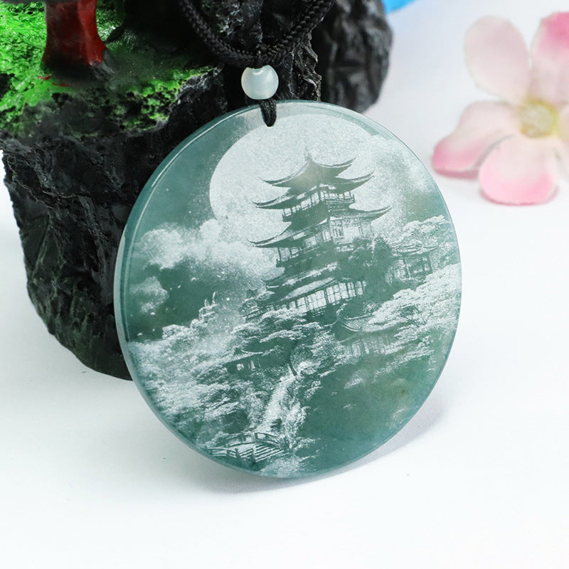 Round Natural Jade Pendant with Blue Green Shadow Landscape Carving