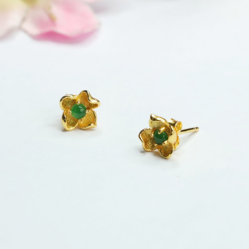 Green Jade Flower Sterling Silver Stud Earrings