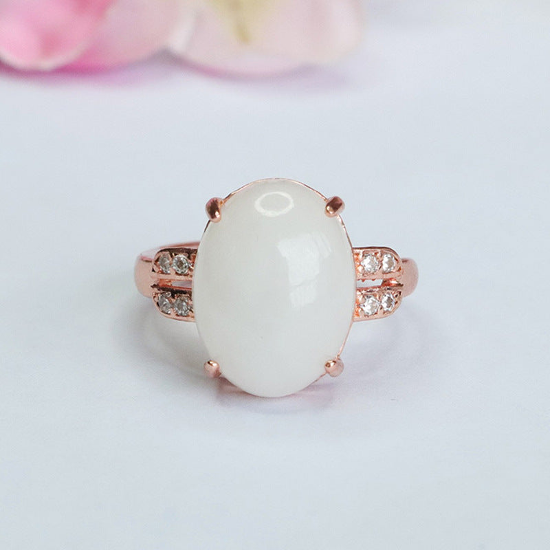 Oval Hetian Jade Sterling Silver Ring with Zircon Accents