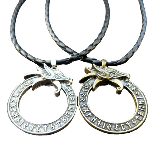 Norse Legacy Dragon Head Necklace with Runic Pendant - Men's Nordic Jewelry