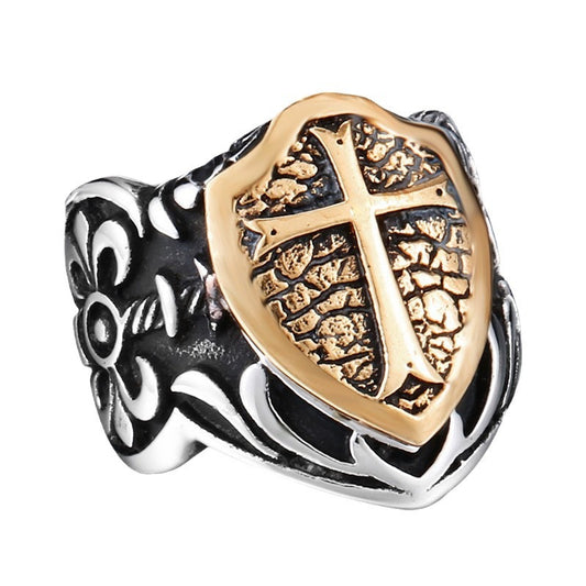 Personalized Retro Titanium Steel Cross Shield Ring for Men - Engraved Stainless Steel Jewelry