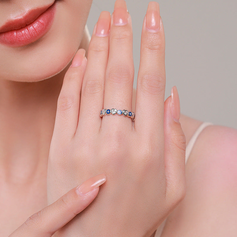 S925 Sterling Silver Heart-Shaped Blue Zircon Ring for Women, Korean Style