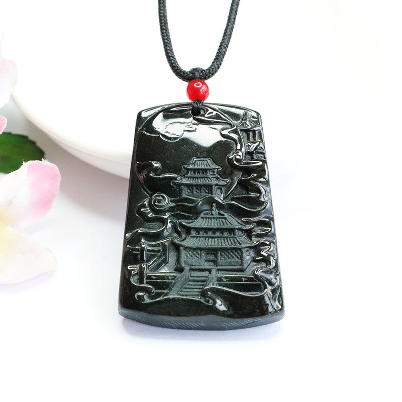 Black-Green Carved Jade Rectangle Pendant