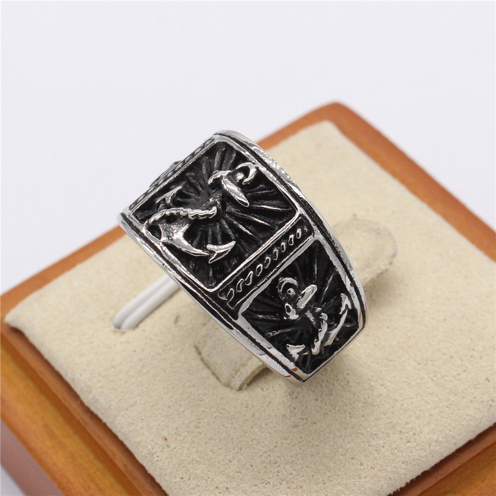 European and American Personalized Retro Navy Anchor Men's Titanium Steel Ring - Wholesale