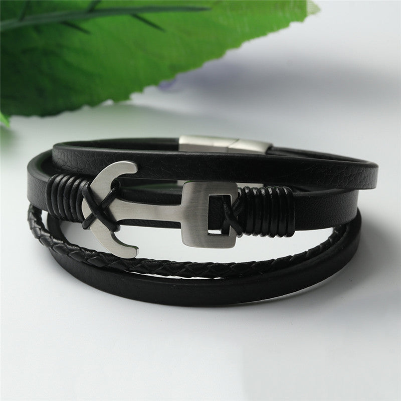 Personalized Men's Titanium Steel Hollow Hook Woven Leather Bracelet - Punk Style Anchor Design