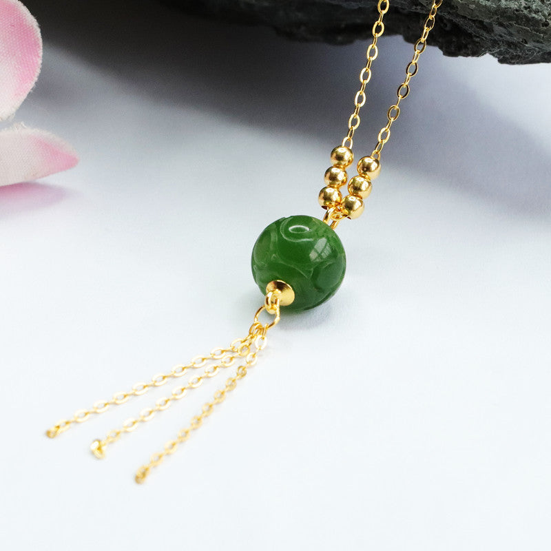 Sterling Silver Jade Tassel Necklace with Natural Hetian Jade Beads