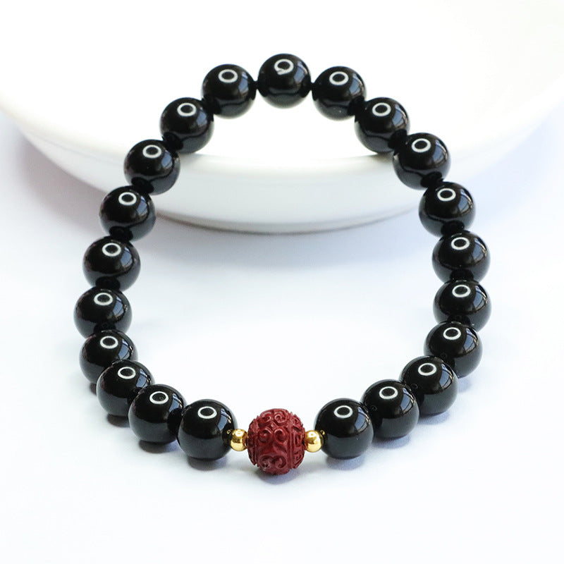 Black Agate and Purple Gold Sand Bead Sterling Silver Bracelet