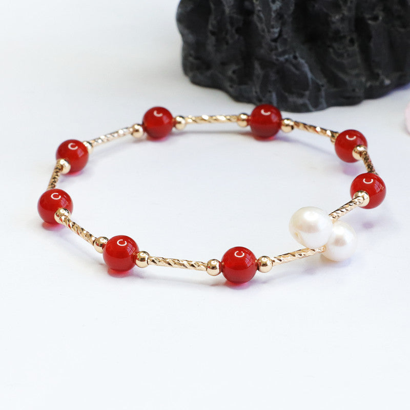 Red Agate and Pearl Sterling Silver Bracelet