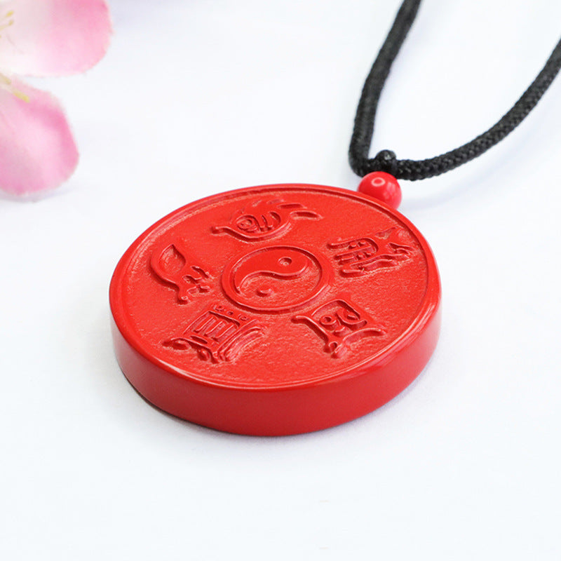 Round Red Cinnabar Pendant with Taoist Symbolism