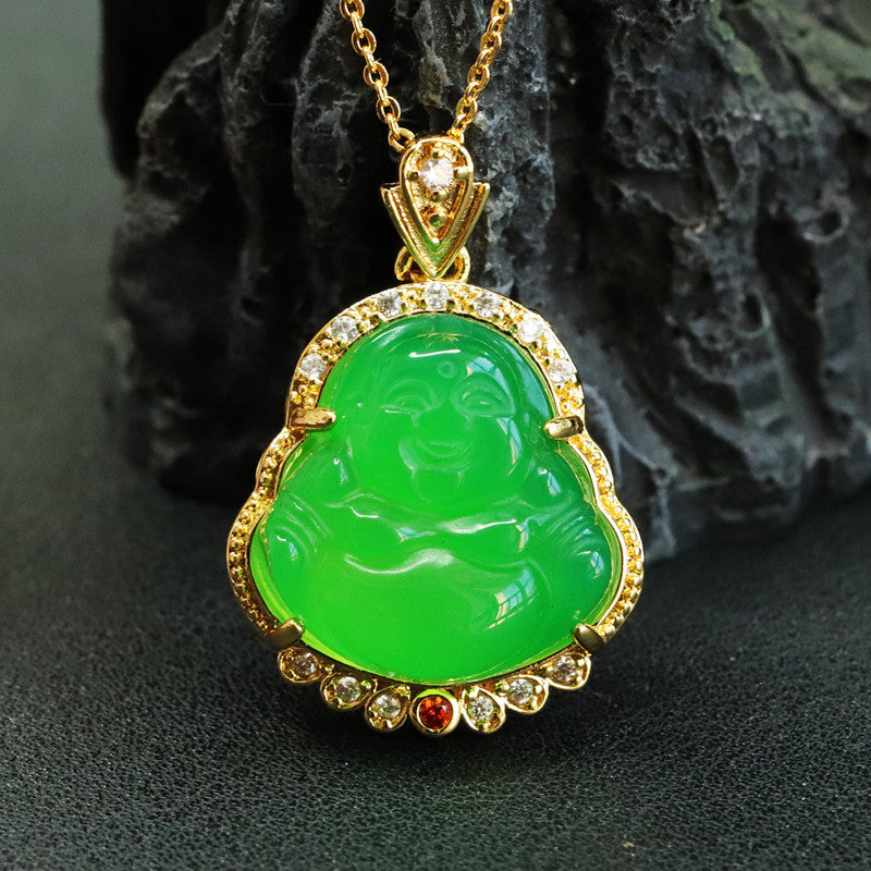 Green Chalcedony Maitreya Buddha Pendant Necklace in Sterling Silver