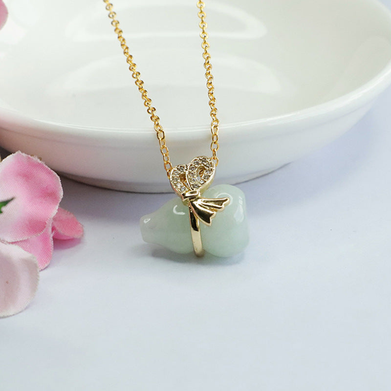 Fortune's Favor Sterling Silver Necklace with Natural Burmese A Jade Gourd and Zircon Bow Pendant