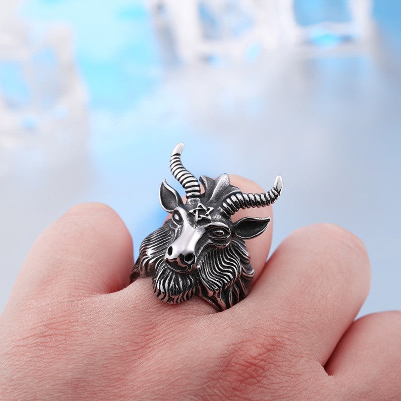 Vintage-Inspired Stainless Steel Men's Pentagram Ram Ring in Titanium Steel