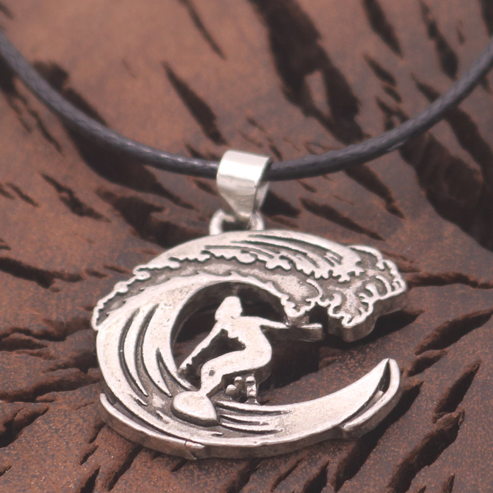 Hawaii Sea Wave Alloy Necklace - Men's Outdoor Pendant with European Charm