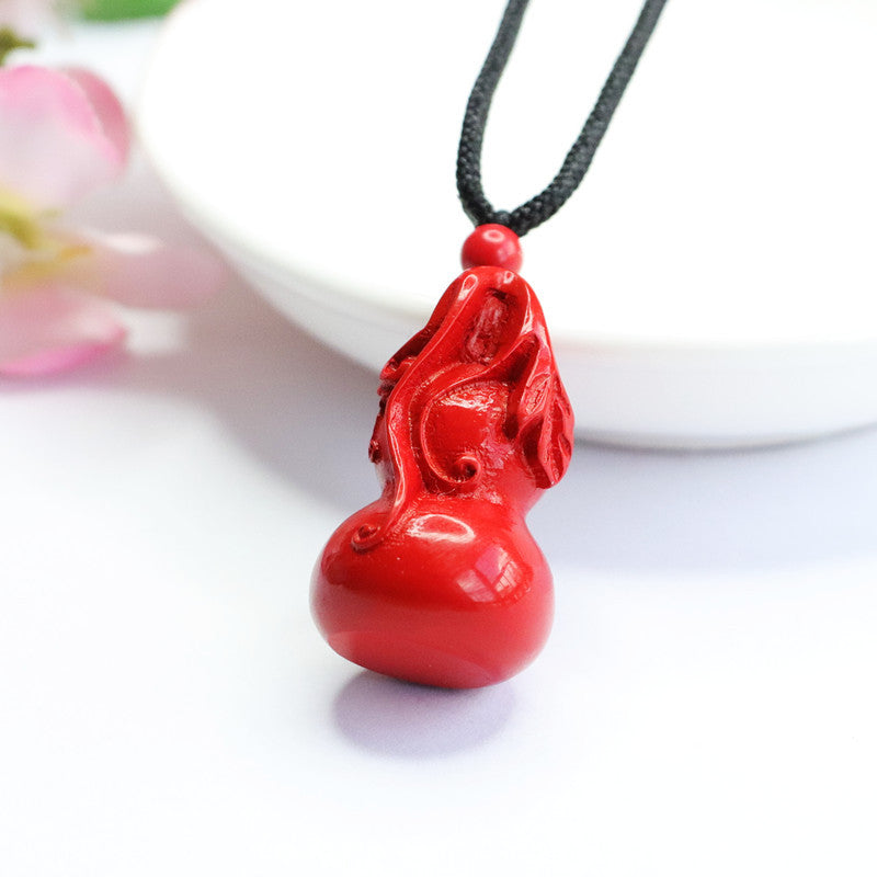 Cinnabar Leaf Gourd Pendant with Sterling Silver Charm