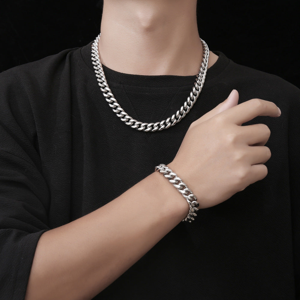 Titanium Steel Cuban Chain Necklace for Men - Hip Hop Style with Locomotive Rock Bracelet