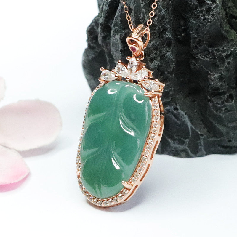 S925 Sterling Silver Necklace with Natural Jade Leaf Pendant and Zircon Accents