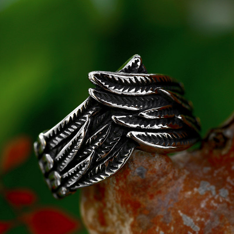 Titanium Steel Feather Design Angel Wings Ring for Men - Retro Wholesale Fashion