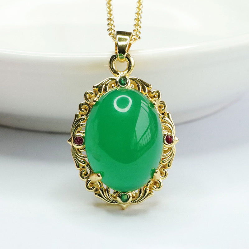 Ethnic Style Oval Golden Pendant with Green Chalcedony and Red Agate Edging