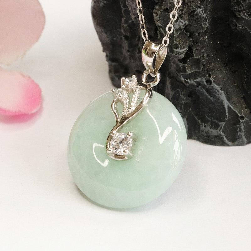 Sterling Silver Jadeite Ping An Necklace with Fortune's Favor Charm