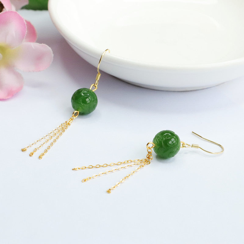 Auspicious Cloudscape Sterling Silver Jade Earrings with Green Tassel