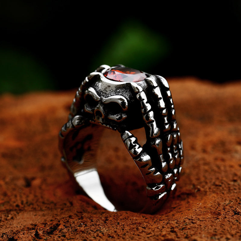 Titanium Steel Punk Skull Ring with Zircon Inlay - Men's Domineering Hand Bone Design