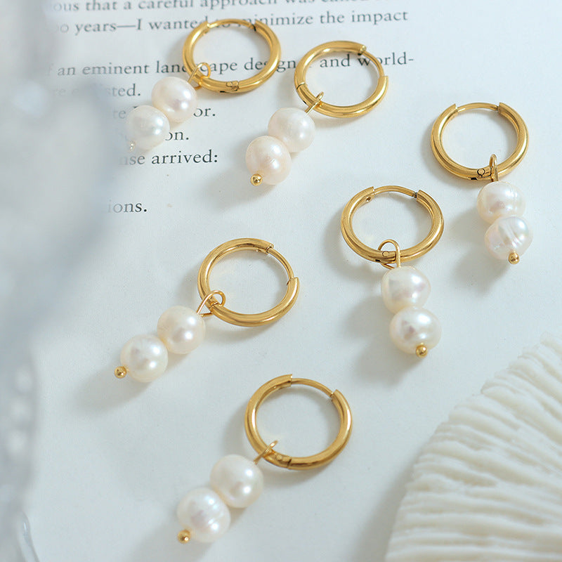 Elegant Geometric Freshwater Pearl Earrings with Gold-Plated Ring