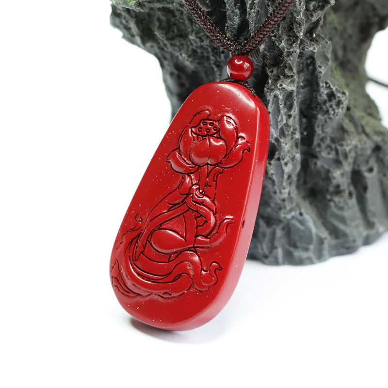 Fortune's Favor: Exquisite Cinnabar Pendant with Purple Gold Sand Lotus Buddha's Hand Design