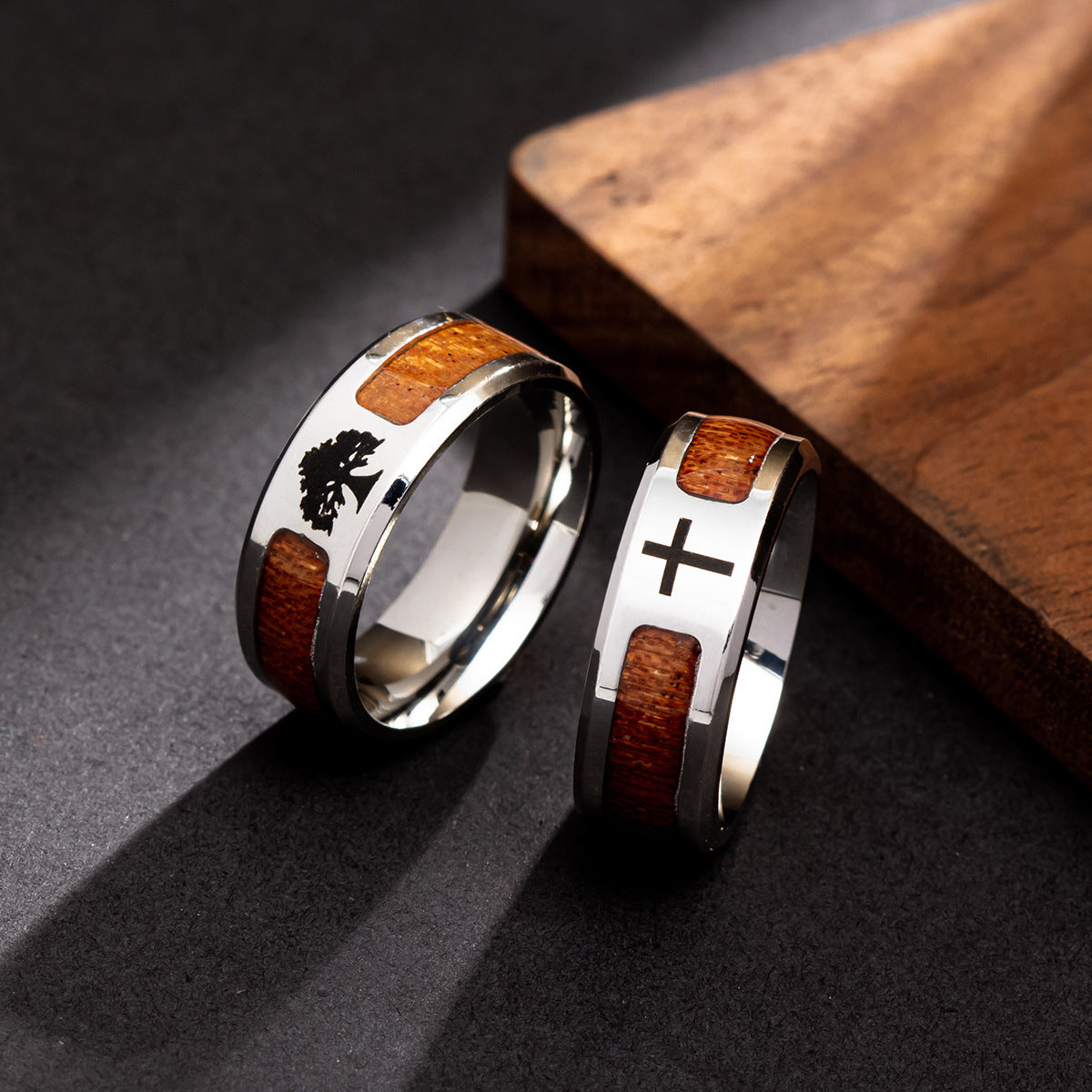 Stainless Steel Acacia Wood Grain Tree of Life Ring - Men's Fashion Jewelry