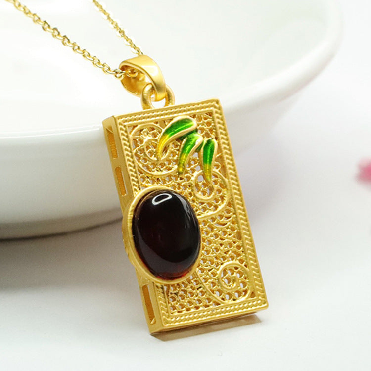 Chinese Jewelry Collection: Sterling Silver Bamboo Leaf Pendant Necklace with Beeswax Amber Gem