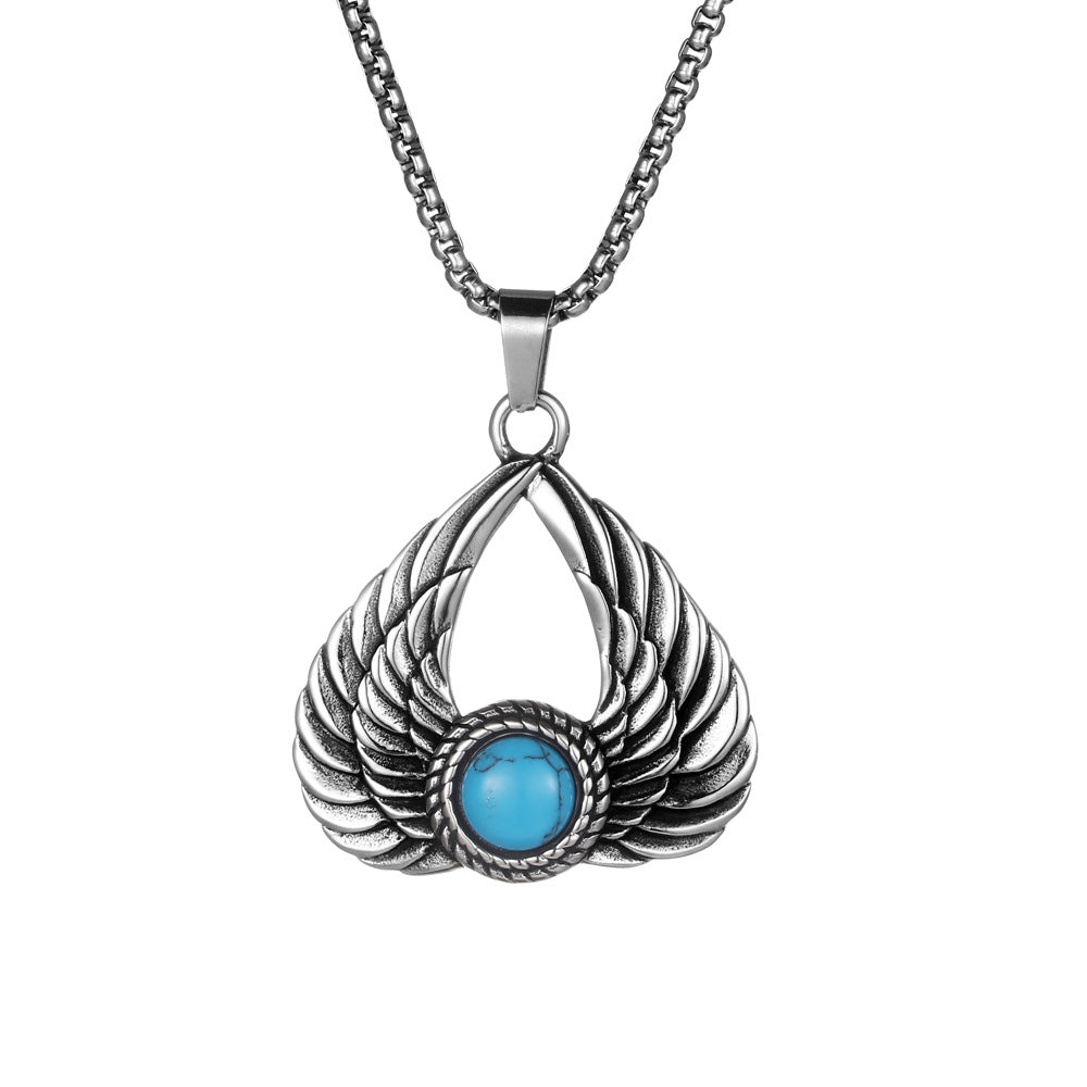 Titanium Steel Retro Wing Pendant Necklace for Men with Three-Color Gemstones